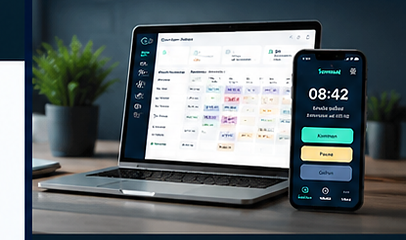 ClockTeam Dashboard und Terminal auf Laptop und Smartphone, im Einsatz am Arbeitsplatz