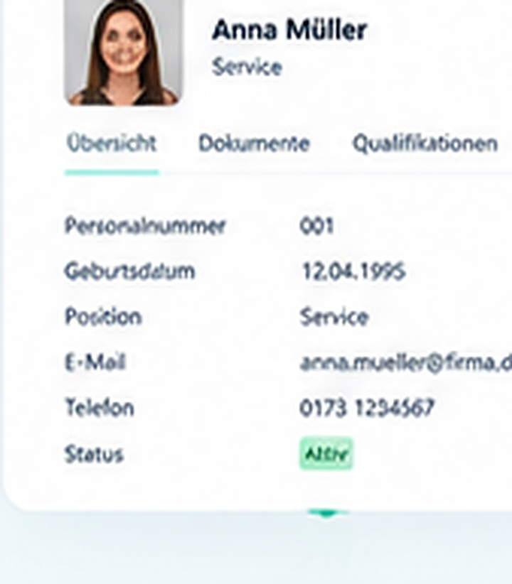 Digitale Mitarbeiterkarte von ClockTeam mit Stammdaten, Dokumenten und Qualifikationen